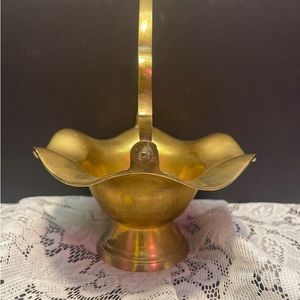 Vintage Brass Basket Swivel Handle Scalloped Rim Pedestal Basket MCM